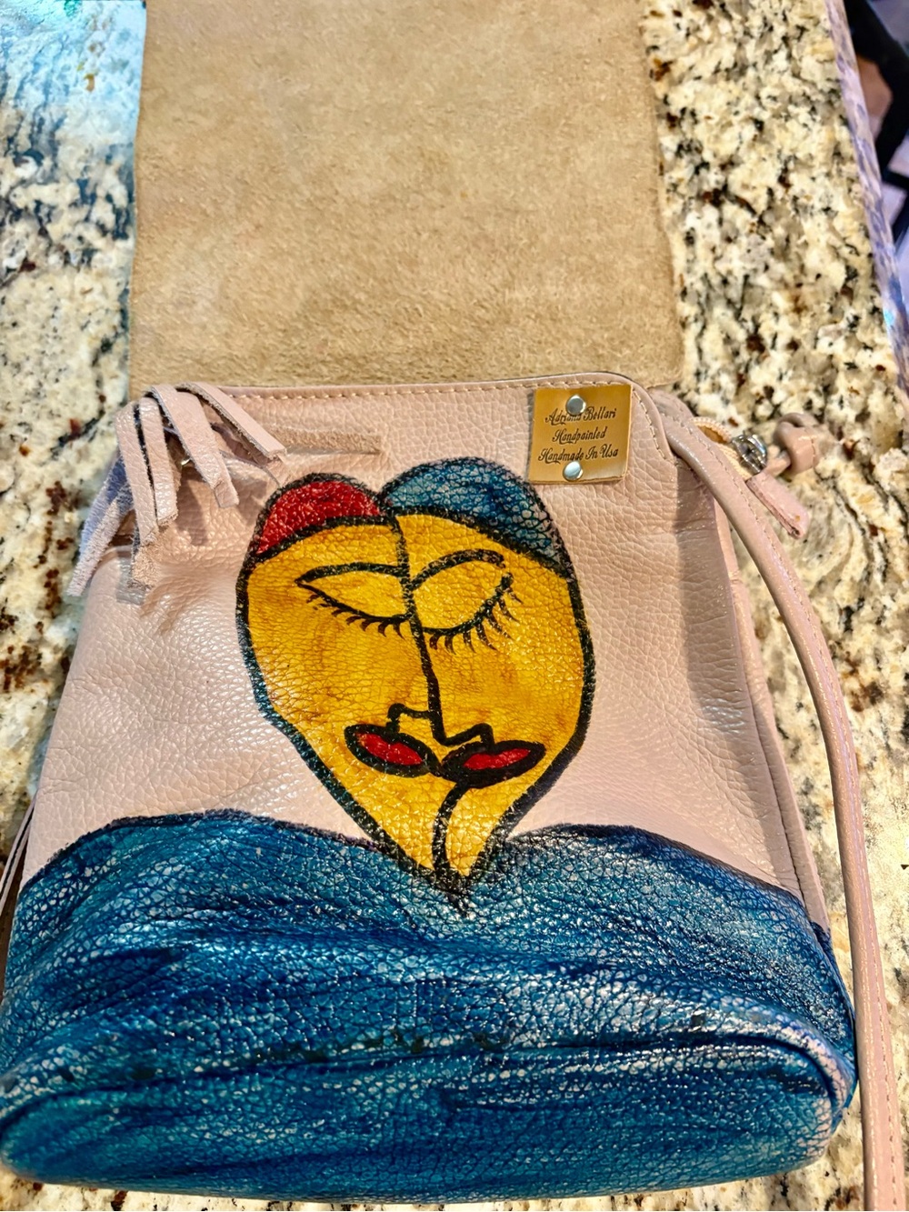 Hand-Painted , handmade, signed Leather Bag with Blue and Yellow Art.